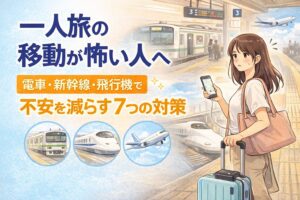 一人旅の移動が怖い人向けに、電車・新幹線・飛行機で不安を減らす対策を解説した記事のアイキャッチ画像