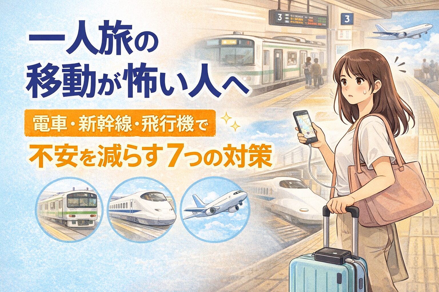 一人旅の移動が怖い人向けに、電車・新幹線・飛行機で不安を減らす対策を解説した記事のアイキャッチ画像