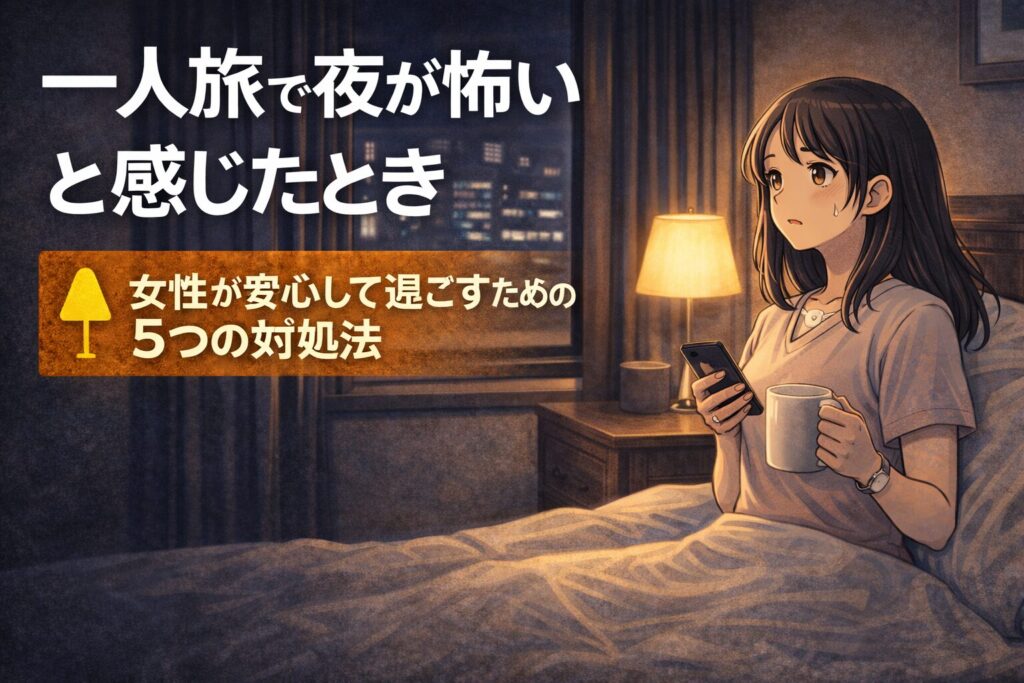 女性の一人旅で夜が怖いと感じたときの不安を減らす対処法を紹介するアイキャッチ画像