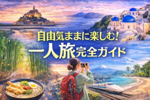 自由気ままに楽しむ一人旅（ひとり旅）完全ガイドのアイキャッチ画像（一人旅を楽しむ旅行者とさまざまな旅の風景）