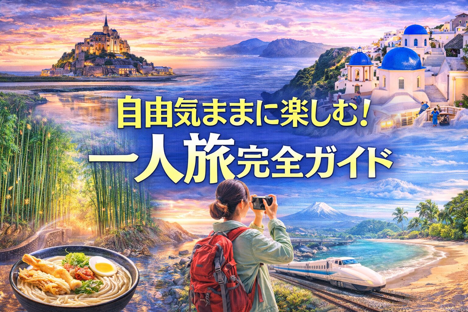 自由気ままに楽しむ一人旅（ひとり旅）完全ガイドのアイキャッチ画像（一人旅を楽しむ旅行者とさまざまな旅の風景）
