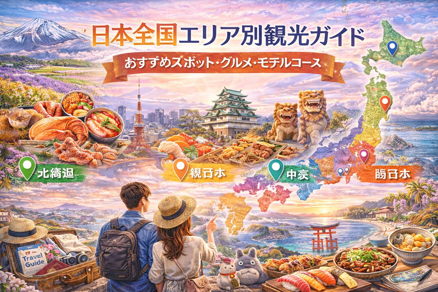 日本全国エリア別観光ガイドのアイキャッチ画像（日本地図と観光地・グルメ・旅行モデルコースをイメージ）
