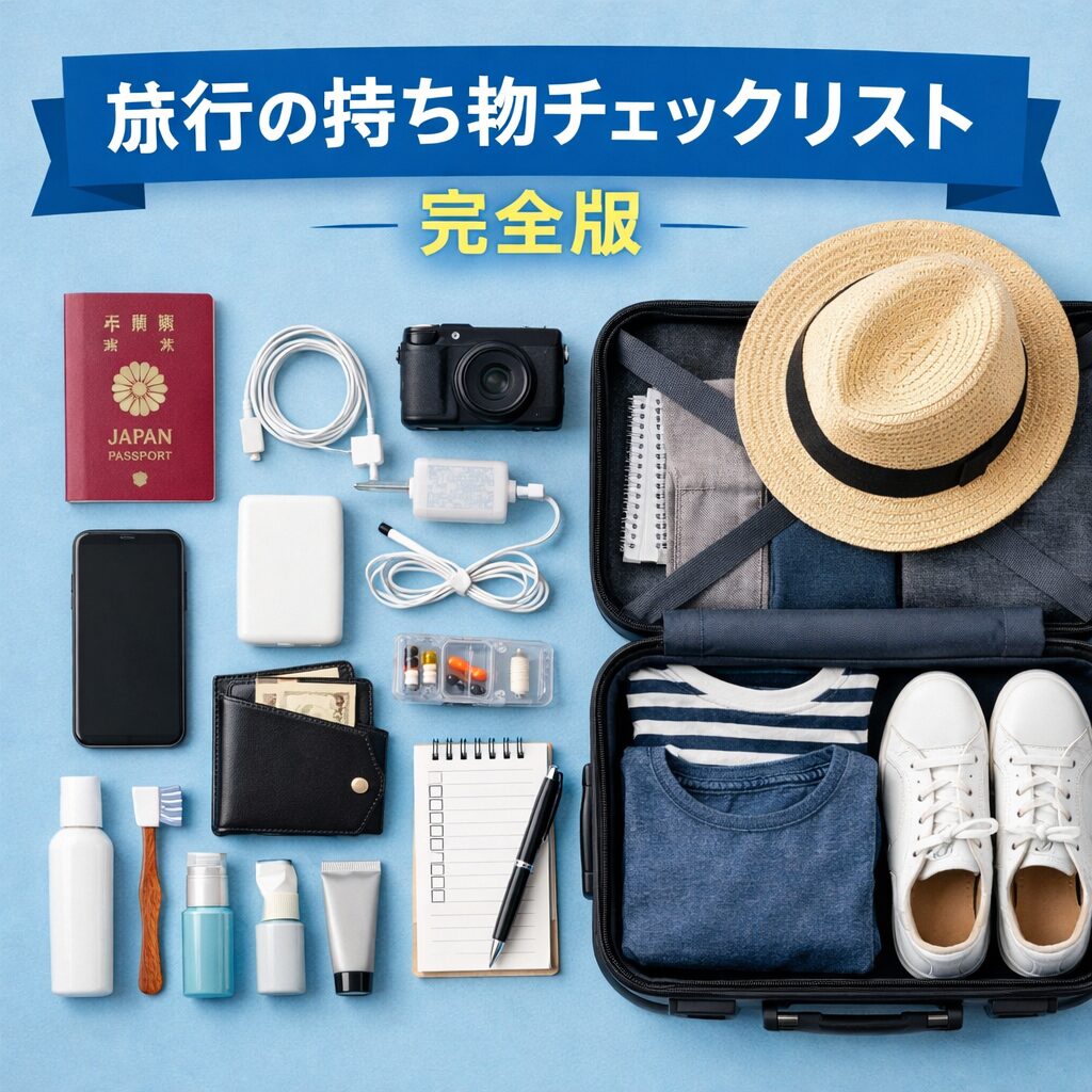 旅行の持ち物チェックリスト｜スーツケースと旅行必需品を並べた準備イメージ
