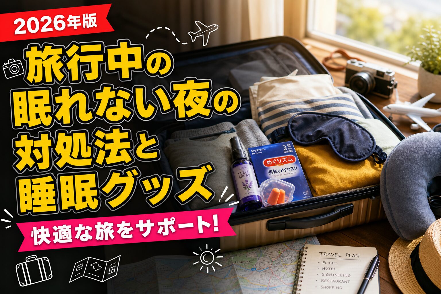 旅行中の眠れない夜の対処法と睡眠グッズのアイキャッチ画像