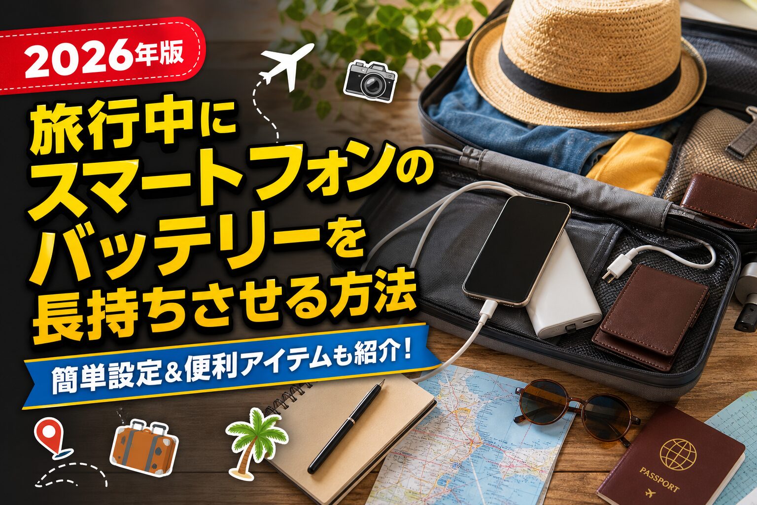 旅行中にスマートフォンのバッテリーを長持ちさせる方法のアイキャッチ画像